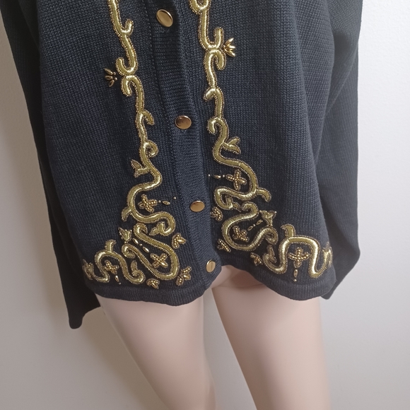 Vintage Joan Leslie Petite Large Black Gold Knit Button Up Cardigan New With Tag - Picture 5 of 12